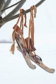 Antique wooden ice skates hung up as decorations
