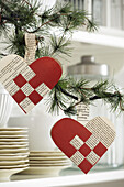 DIY woven paper hearts as Christmas tree ornaments