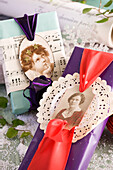 Packaging idea with old photo, cake doily, and music paper