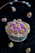 Chrysanthemums (Chrysanthemum) in a grey bowl on a dark wooden background