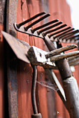 Garden tools leaning against wooden wall