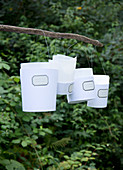 Windlichter aus Papier mit nostalgischen Etiketten an einem Stock im Garten