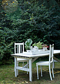 Tray with white pots and plants on a table in the garden
