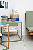 Painted seagrass baskets on a refurbished side table