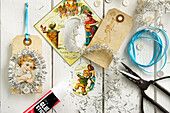 Homemade gift tags decorated with nostalgic glossy photographs