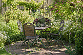 Table set on the shady terrace next to Rose acacia, Bristly locust