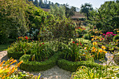 Knot garden with blooming daylilies