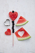 Fruit skewers of cut-out melon hearts