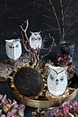 Autumnal arrangement with dried flowers and owls made from book pages
