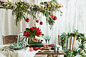 Leaf wreaths and branches decorated with leaf branches and balls as a Christmas decoration