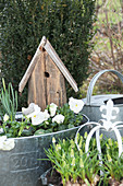 Nesting box made from reclaimed wooden planks in zinc tub decorated for spring