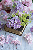 Hydrangea flowers and lady's mantle on book and glass of raspberry liquor