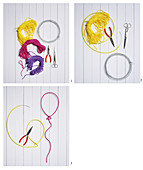 Instructions for making balloon-shaped wall decorations from wire and a knitted tube