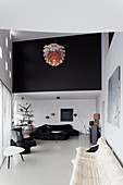 Modern, designer-style, open-plan, monochrome interior