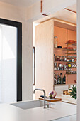 Moderner Küchenbereich mit integrierter Spüle und offenen Regalen