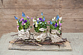 Spring flower arrangement decorated with birch bark