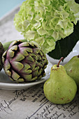 Still life with artichoke, hydrangea blossom and pears