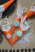 Handmade cones with fringes and Easter bunnies