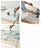 Oberfläche eines Holztisches dekorativ mit Zeitungspapier bekleben