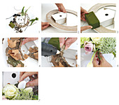 Instructions for making spring wreath with flowers and ornamental bird box