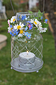 Lantern with spring wreaths made of daisies and forget-me-nots