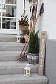 Wintry arrangement of old skis, ski poles, lanterns and potted conifers on steps