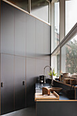 Moderne Küchenzeile mit dunklem Hochschrank und hoher Fensterfront
