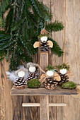 Angels handmade from fir cones, wooden beads, feathers and moss