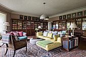 Colorful, modern upholstered furniture in living room with library
