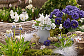 Small Easter decoration with filled primrose, grape hyacinth, horned violet, Easter bunny and Easter eggs