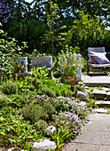Summer garden; lounger on terrace in background