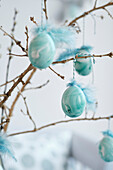 Greenish marbled Easter eggs hung from branches