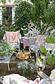 Sommerterrasse mit Korbmöbel, Balkonblumen, Kübelpflanzen und Kräutern