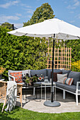 Sunny terrace with seating and parasol in garden