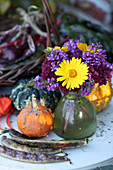 Small autumn bouquet, pumpkins, and beans
