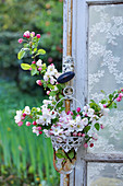 Apple blossom branches in a small hanging vase