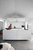 White kitchen island in open living room with concrete tiles