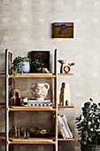 Wooden stand with decorative objects, plant and books