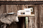 Christmas cards and elk hide on bench in front of rustic board wall