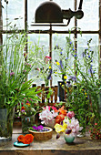 Arrangement of blossoms from garden flowers and bouquets of wild meadow flowers
