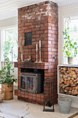 Old Brick Fireplace with a wood stove insert