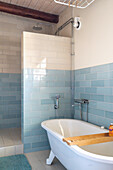 Freestanding bathtub and shower area in bathroom with light blue wall tiles