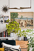 Holzkiste und Regal mit Zimmerpflanzen, darüber Bildergalerie