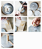 Instructions for a making a DIY cake stand from pewter plates and a wooden rod