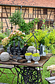 Hydrangea, iron spikes, stone balls and spurge in pots and zinc watering can on DIY table