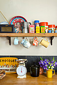 Wooden shelf with retro kitchen decor