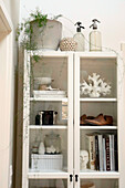 White display cabinet with books and decorative objects in a modern living ambience
