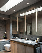 Große Spiegelschränke mit Doppelwaschbecken unter Oberlicht in modernem Badezimmer
