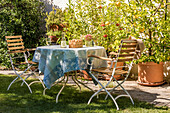 Deutschland, Baden-Württemberg, Stuttgart, Tischset im Wohngarten vor Topfzitronen und Tomaten