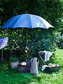 Alte Zinkbadewanne und Kanne unter Sonnenschirm im Garten